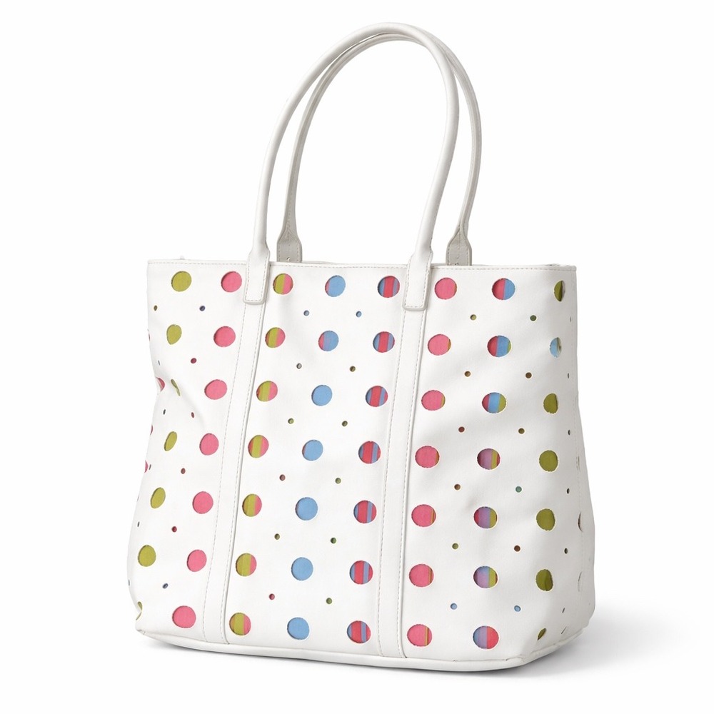 Vtg Y2K Sondra Roberts‎ Multicolor Tote Bag White Polka Dot Perforated Laser Cut